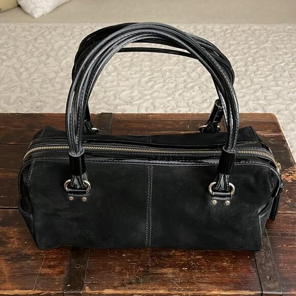 Kate Spade Black Suede and Patent Leather Vintage Satchel Handbag 12"x5"x7" - Picture 3 of 8